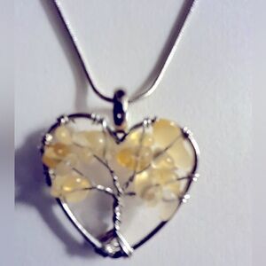 NWOT Necklace Citrine Nugget Heart Tree of Life wire-wrap, .925 s.p. chain 18”